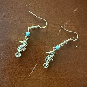 Silver Seahorse Earrings with Turquoise Accents